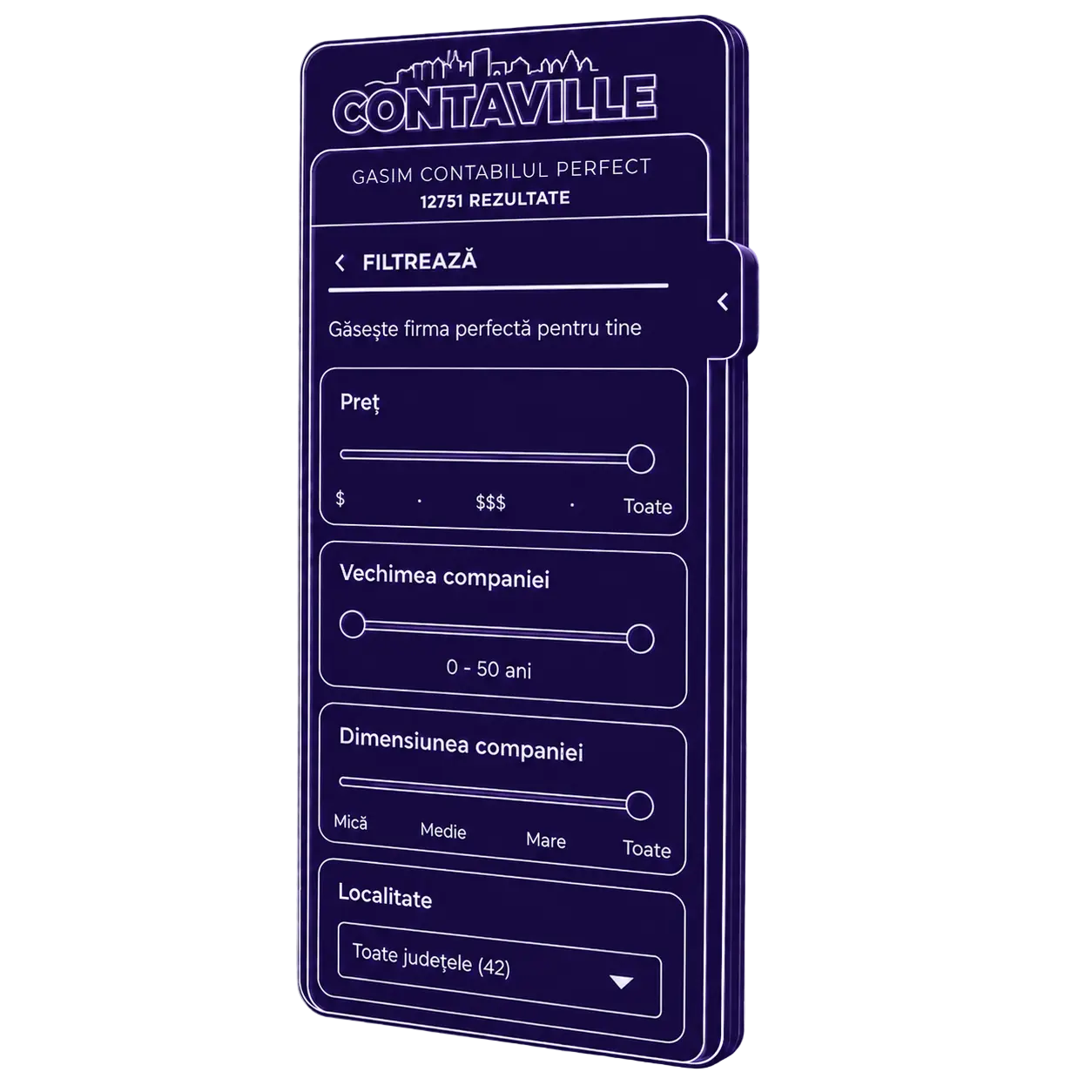 Contaville AI - Filtrare avansată firme de contabilitate România